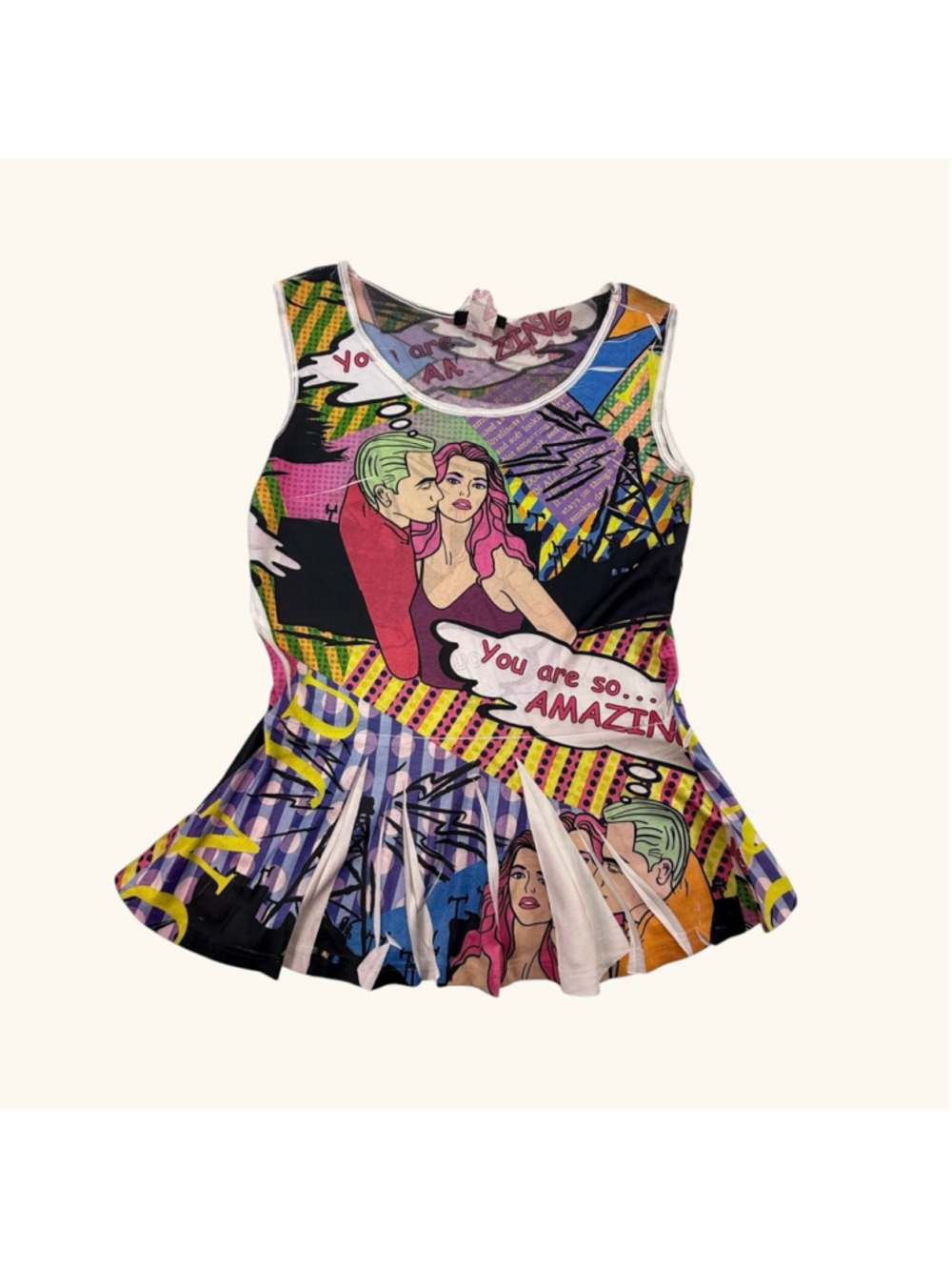 Push Pop Art Graphic Sleeveless Peplum Top Women’s Size M Comic Print Tunic - Picture 2 of 4